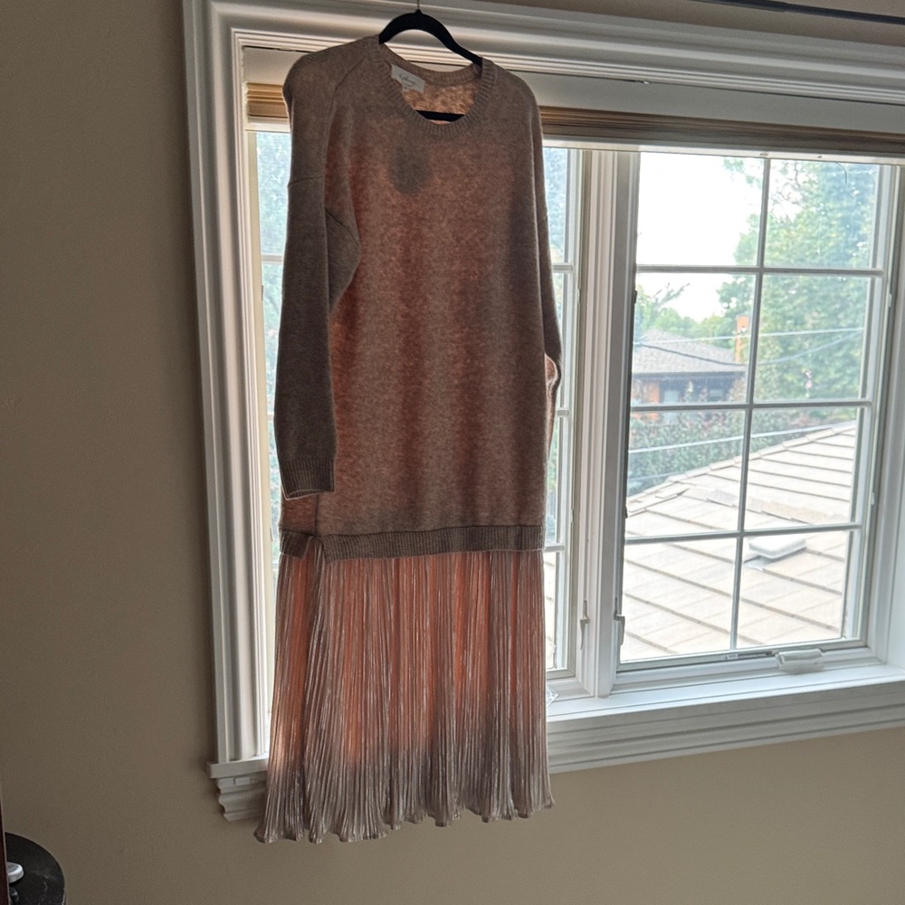 Chic Tan Sweater Dress with Pleated Skirt